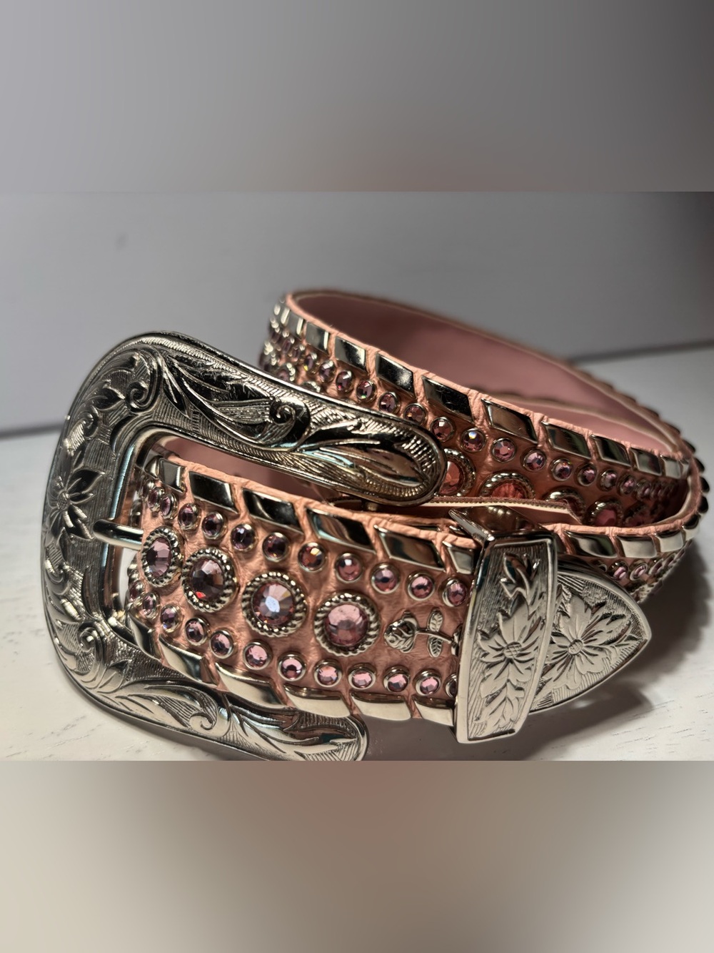 Kippy’s Pink Rhinestone Studded Leather Western Cowgirl Belt 32.5” Floral Bling